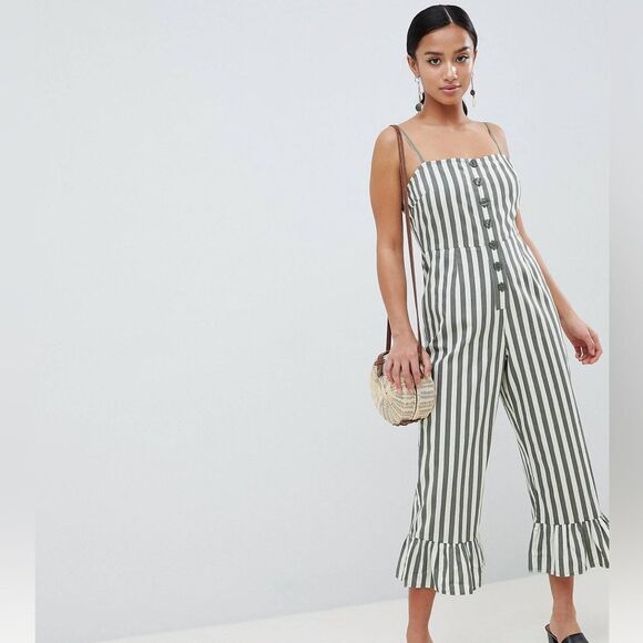 ASOS Pants - ASOS DESIGN cotton frill hem jumpsuit with square neck and button detail Size 8